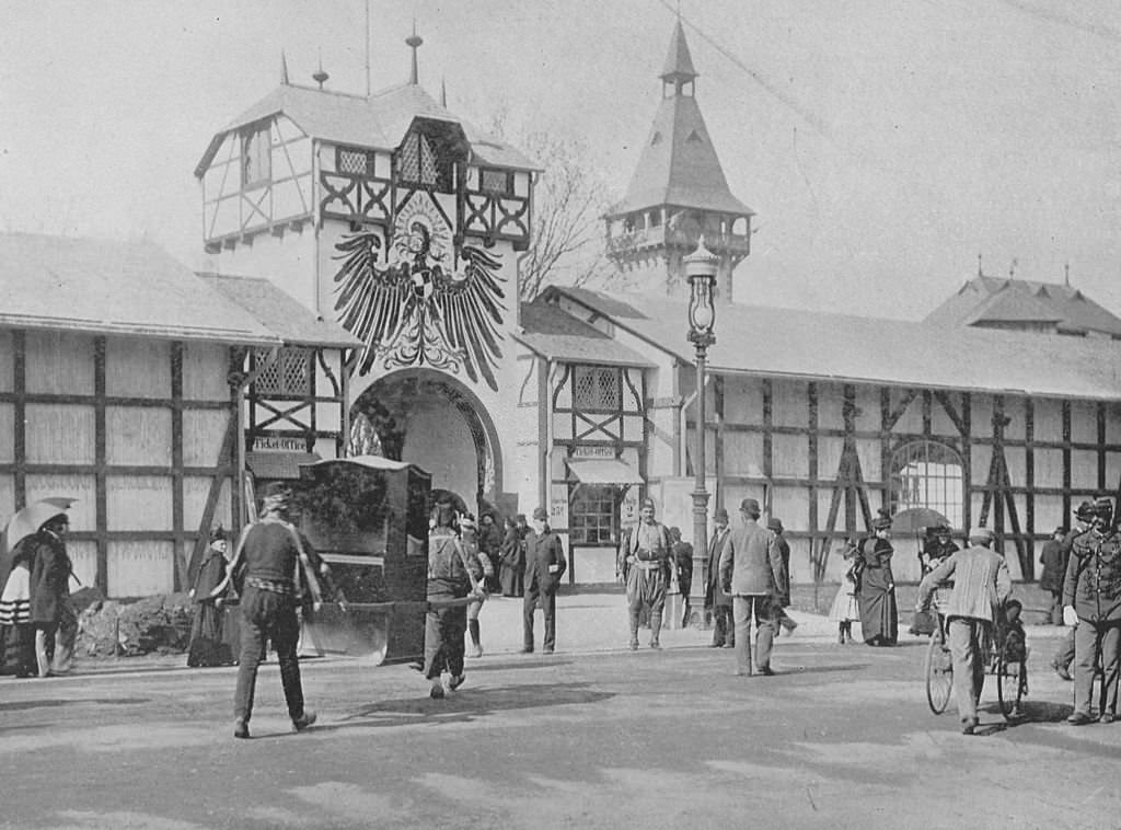 #130 The main entrance to Germany Village at the Midway Plaisance at the World’s Columbian Exposition in Chicago, Illinois, 1893.