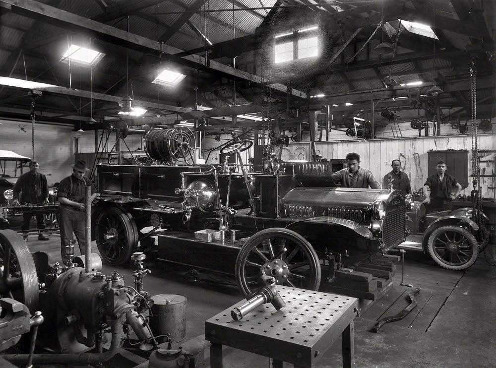 #19 Wanganui Fire Brigade’s Merryweather fire engine on blocks, probably in Chavannes Garage, New Zealand circa 1921