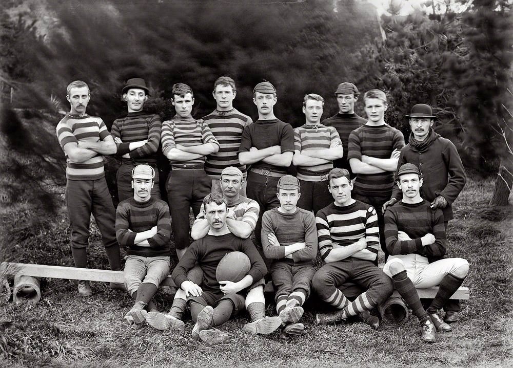 #26 Post and Telegraph Department football team with men in rugby football kit, Wellington, New Zealand, 1890