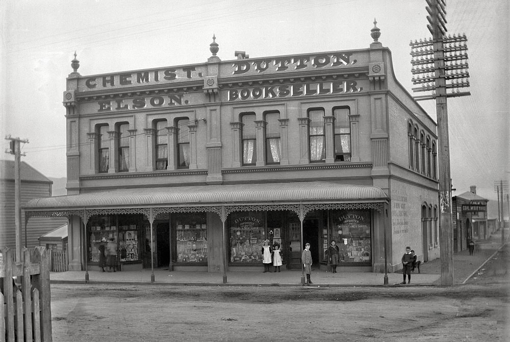 #36 Elson chemist and Dutton bookshop on Courtenay Place, Wellington, between 1896 and 1897