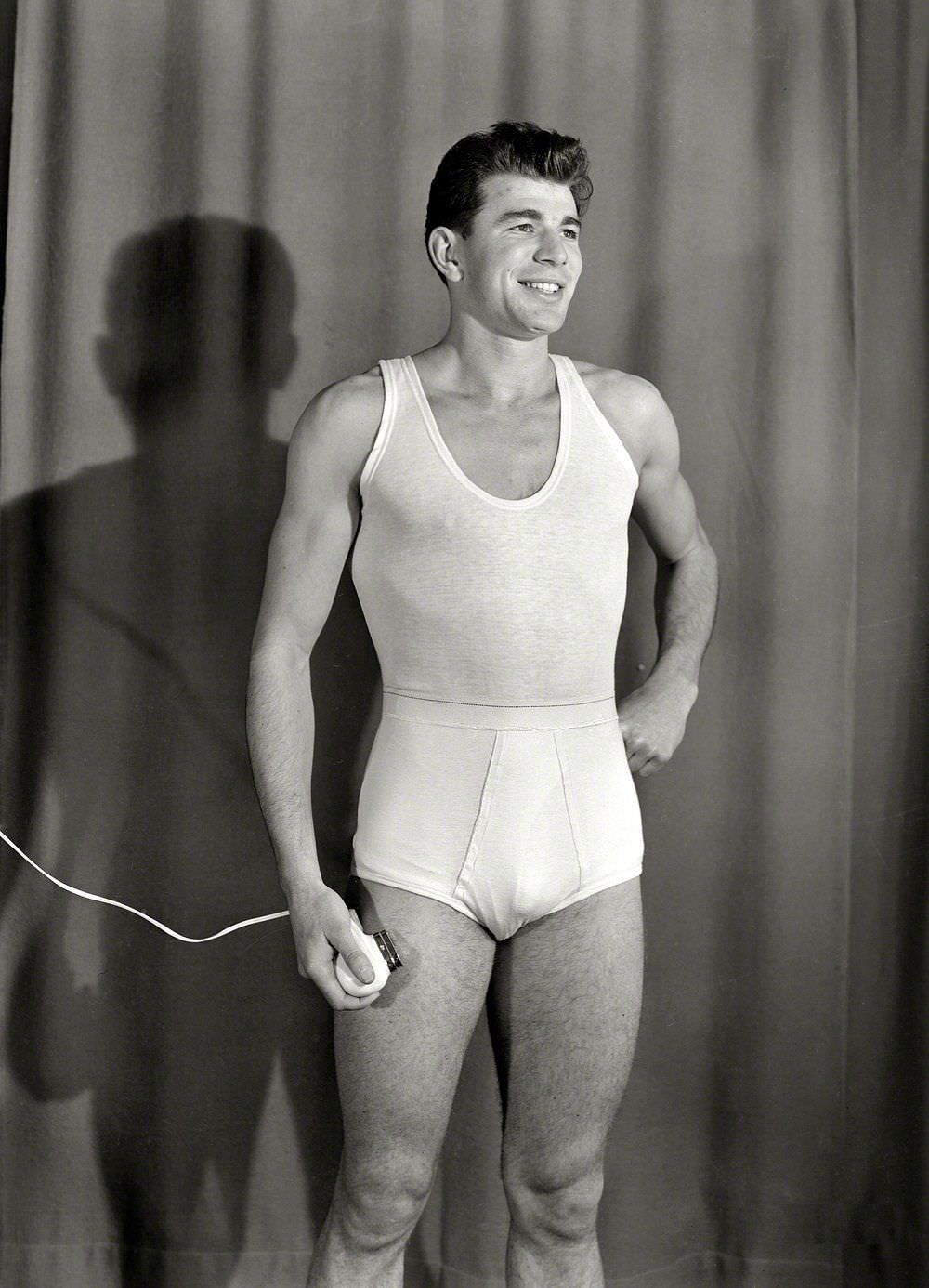 #37 Men’s underwear being modeled, Wellington, New Zealand circa 1958