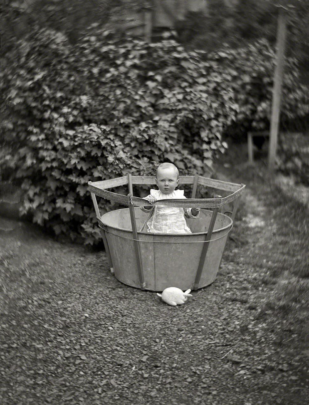 #52 Edgar Richard Williams, in a play pen tub with toy rabbit alongside, at Viewbank, Maitland Street, Dunedin, New Zealand, 1890s
