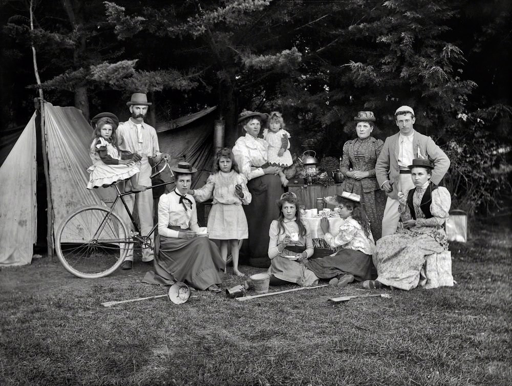 #54 Unidentified group outside a tent, possibly at Sumner, Christchurch, New Zealand circa 1910