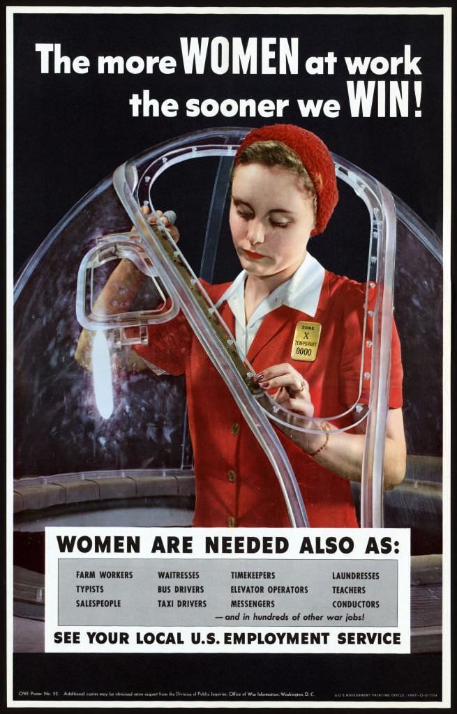 #116 World War II, American propaganda poster showing a woman working in an airplane factory.
