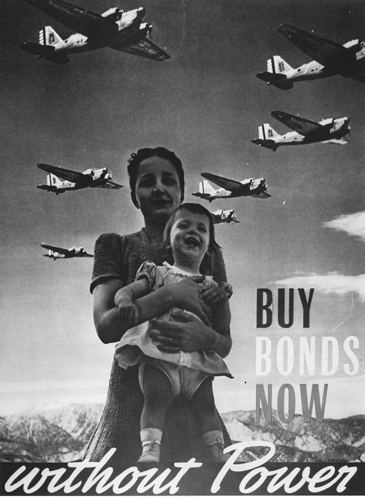 #117 An American war time poster featuring a mother and child, and war planes flying overhead, urging people to buy ‘bonds’.