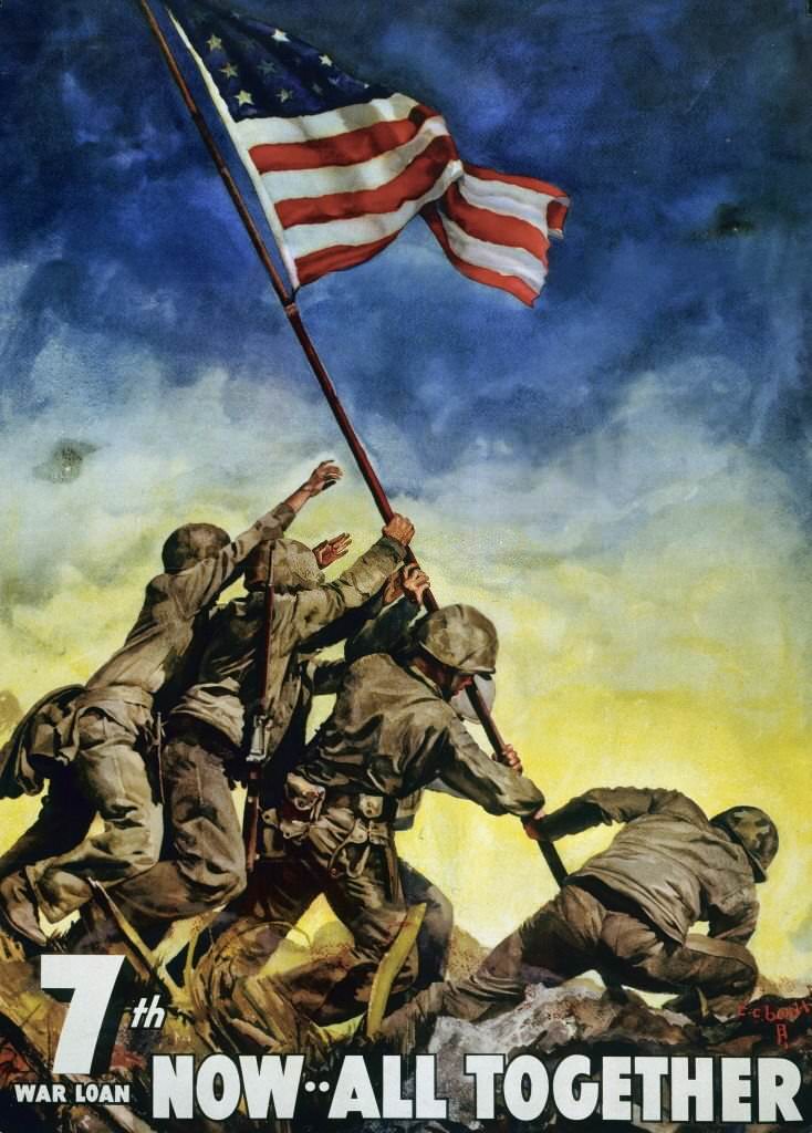 #121 World War Two commemorative propaganda poster, showing U.S. Marines raising flag at Iwo Jima, during the advance on Japan in the Pacific war.