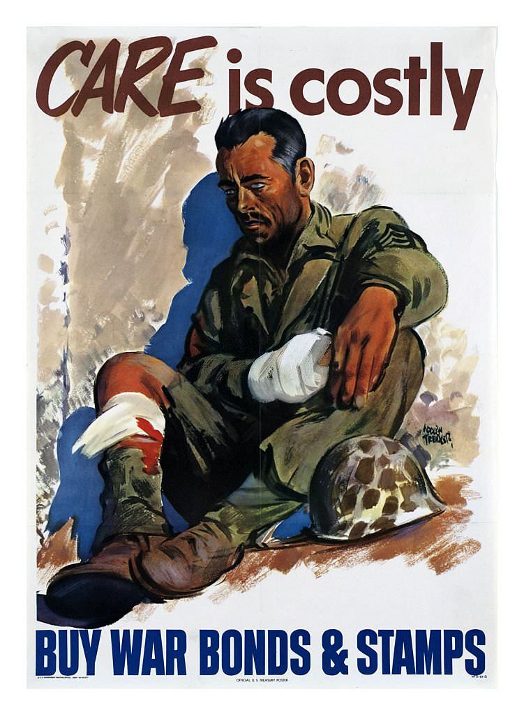 #122 Propaganda poster from WWII advertising the importance of helping the war effort through the purchase of bonds.