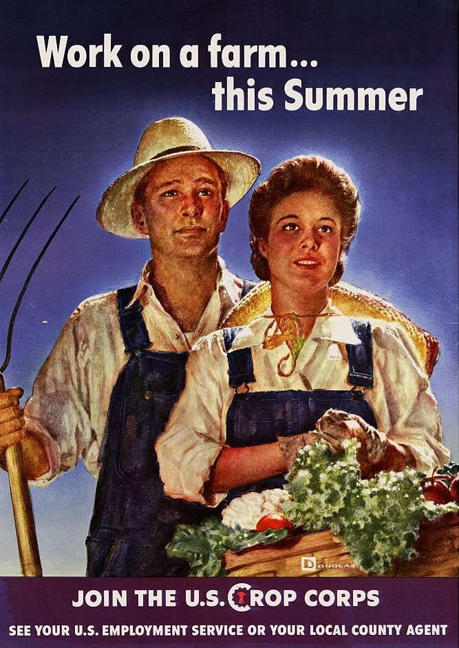 #125 Propaganda poster from WWII advertising the importance of helping the war effort through farm employment.