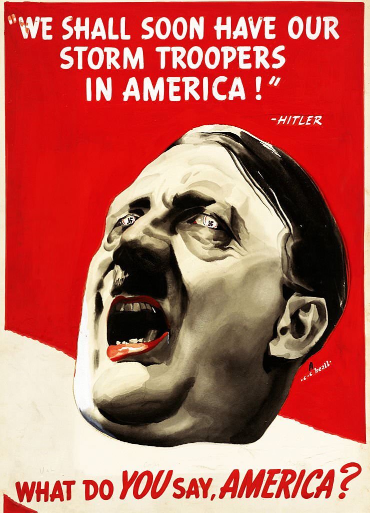 #129 Anti-Nazi propaganda poster (American) during World war two 1943. ‘We Shall Soon Have Our Storm Troopers In America!-Hitler.