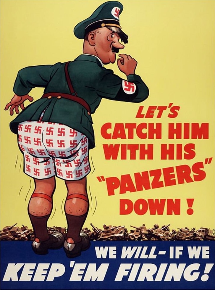 #130 World War Two: American propaganda poster lampooning Adolf Hitler, 1943.