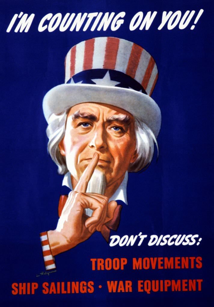 #134 World War II, American propaganda poster showing Uncle Sam holding his index finger to his lips, indicating silence.