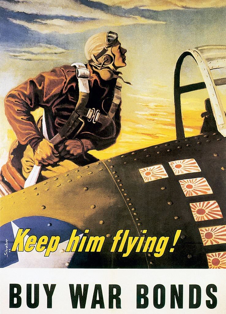 #136 Poster showing a pilot getting ready to get into his cockpit . The Japanese flags pasted on the side of his plane represent the number of kills he has.