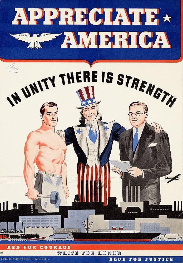 #138 Poster showing Uncle Sam, a worker holding a hammer and an employer holding a document.