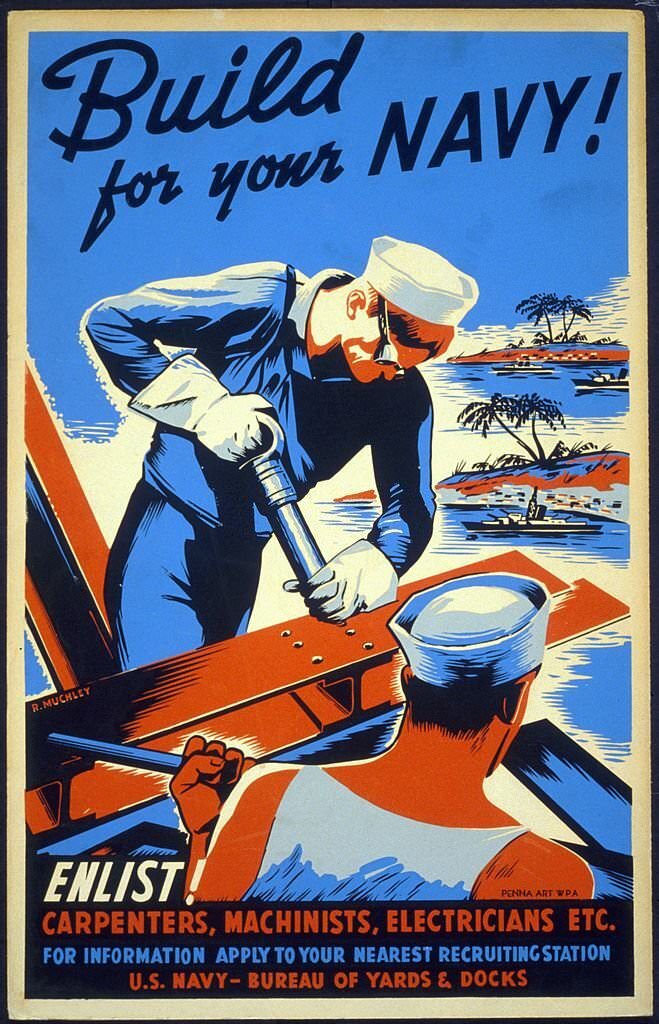 #156 American propaganda poster encouraging skilled laborers to join the Seabees as part of the war effort.