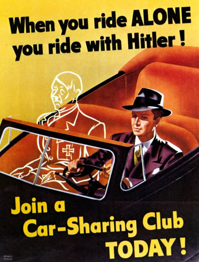 #160 RA US poster from World War II encouraging people to join a carpool, 1942.