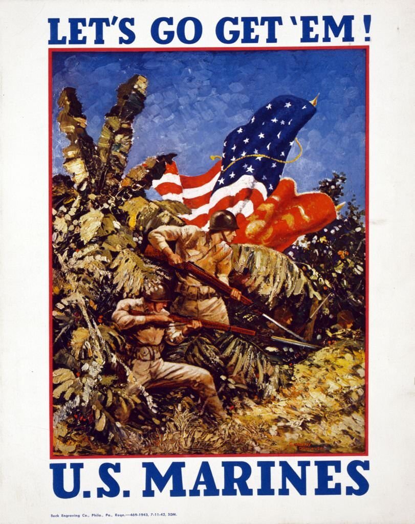 #162 Poster showing Marines bearing rifles with bayonets.