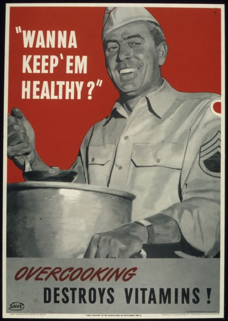 #163 Government issued wartime educational poster encouraging Americans not to overcook food, 1941.