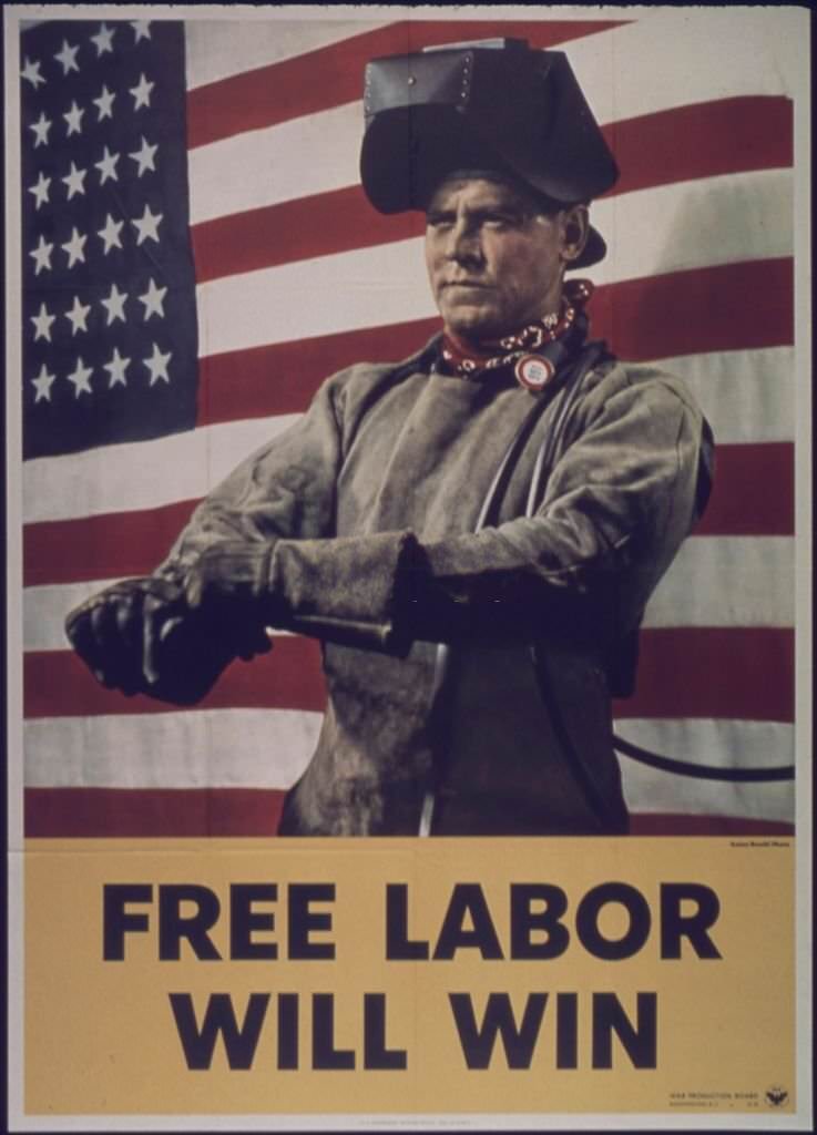 #164 Poster supporting the war effort featuring a welder posing in front the United States flag, 1941.