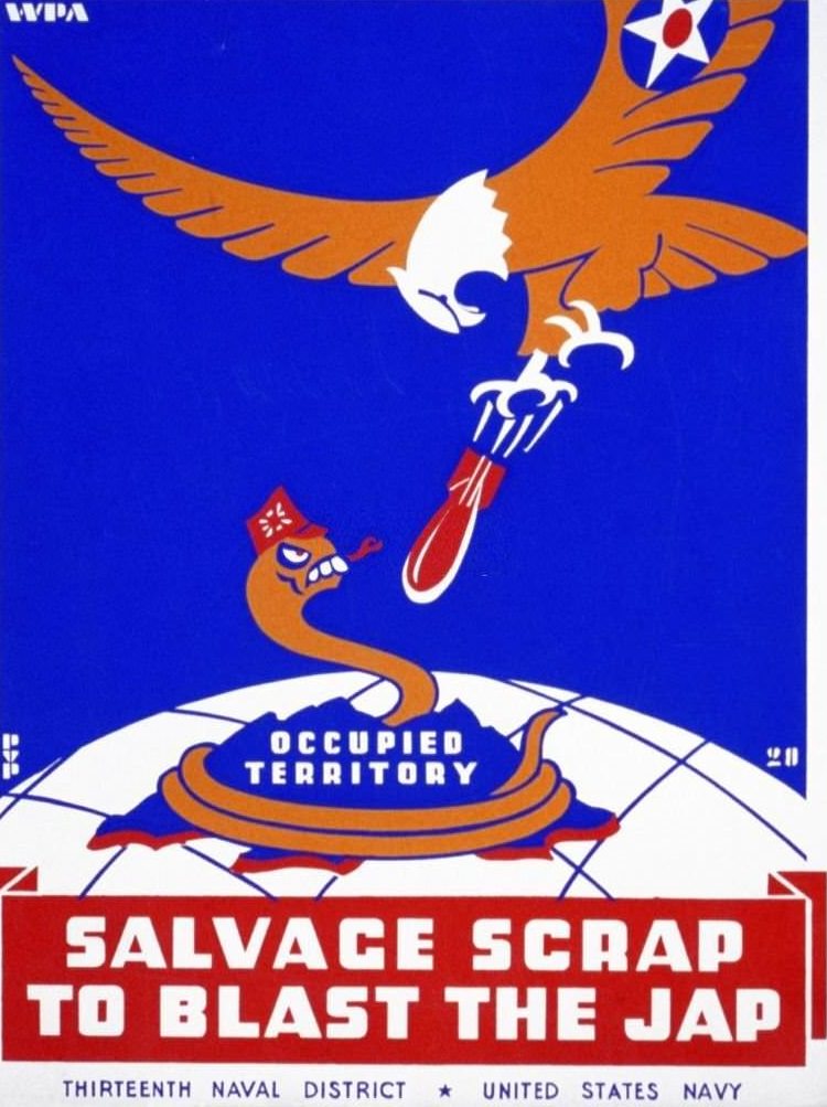 #168 Poster for Thirteenth Naval District, United States Navy, showing a snake representing Japan being bombed by an eagle.
