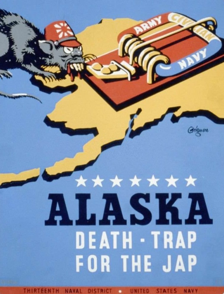 #169 Poster for Thirteenth Naval District, United States Navy, showing a rat representing Japan, approaching a mousetrap labeled ‘Army Navy Civilian,’ on a background map of the state of Alaska.