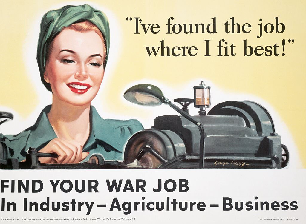 #35 A World War II poster urges women to find a “war job” to join in the war effort.