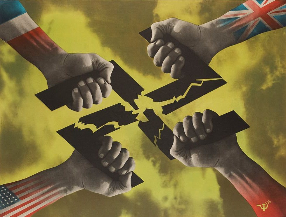 #37 4 hands representing the United States, Great Britain, the Soviet Union and liberated France pull apart and shatter a swastika.