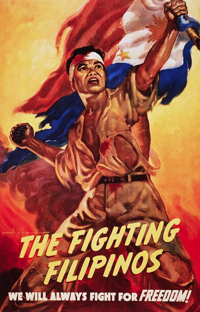 #59 World War Two color poster showing a Filipino soldier in a torn, bloody uniform, fighting amid flames.