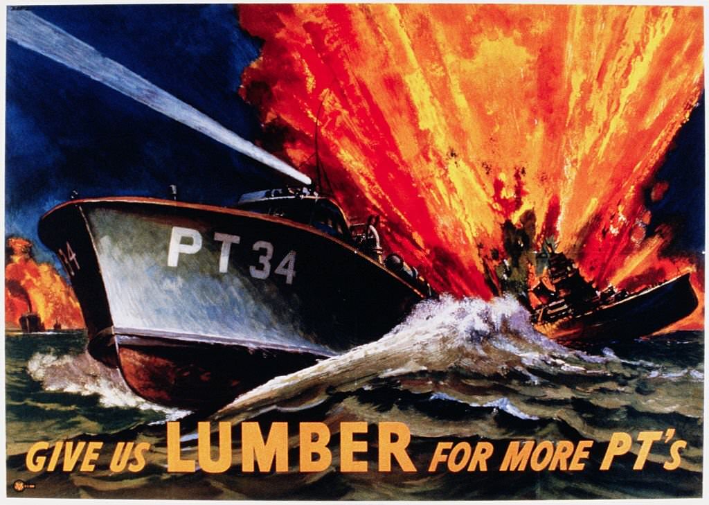 #66 A 1943 World War II color poster encourages the war effort to get lumber for building PT boats.