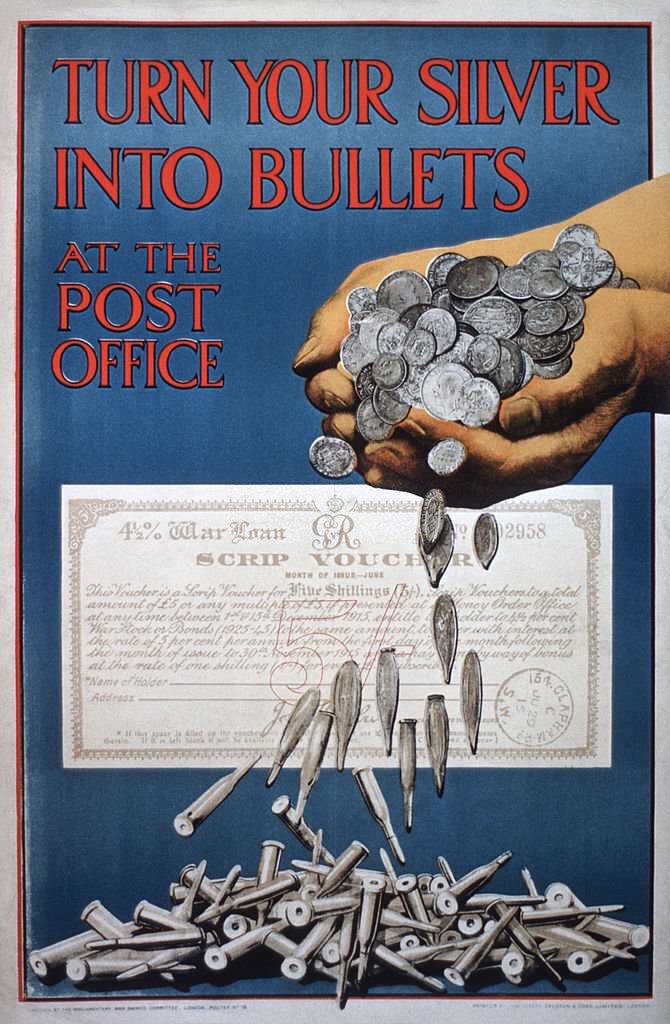 #95 Vintage poster of silver coins turning into bullets.