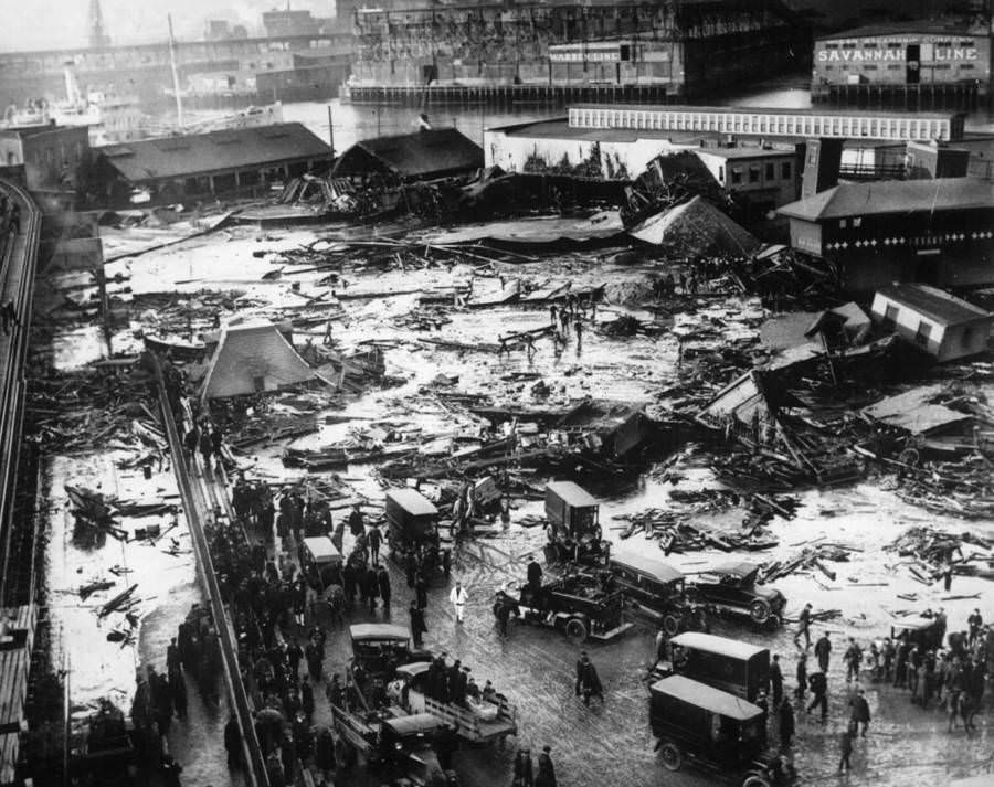 Much of Boston’s North End lies in ruin following the Great Molasses Flood of January 15, 1919.