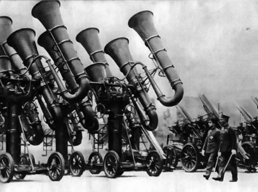 Japanese Emperor Hirohito inspects his military’s acoustic aircraft locators — used to detect planes by the sounds of their engines in the days before radar — sometime prior to the end of World War II.