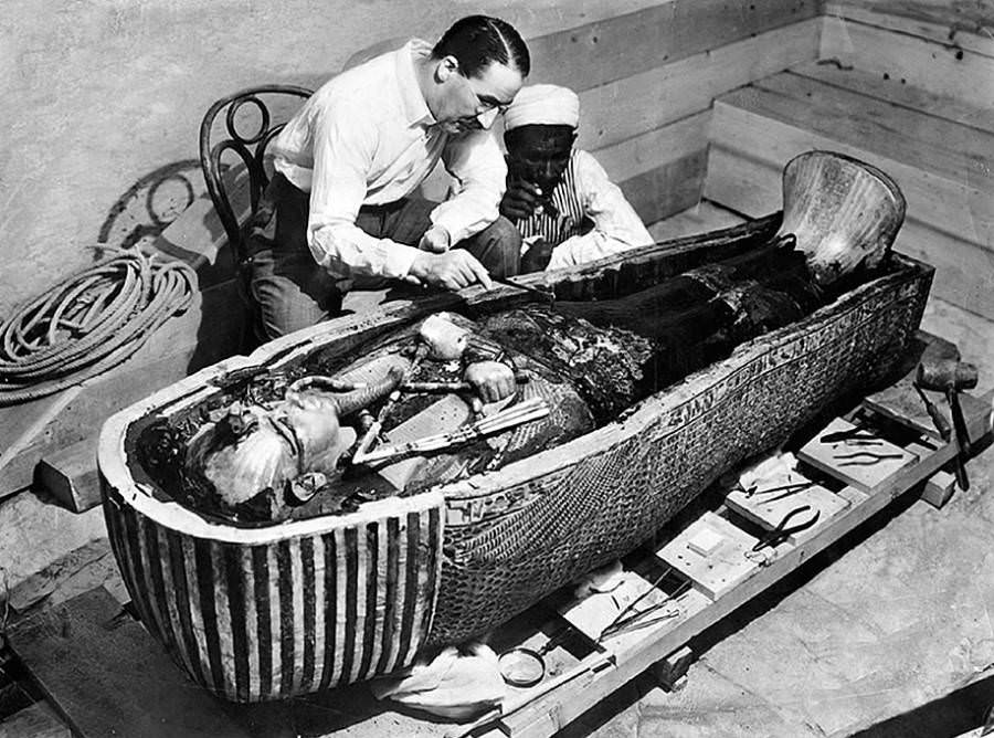 English archaeologist Howard Carter first opens the innermost portion of King Tutankhamun’s tomb soon after its discovery near Luxor, Egypt in 1922.