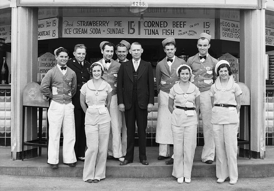 #29 Staff at Carpenter’s food stand and service station, West Sunset Boulevard & Vine Street, Los Angeles.