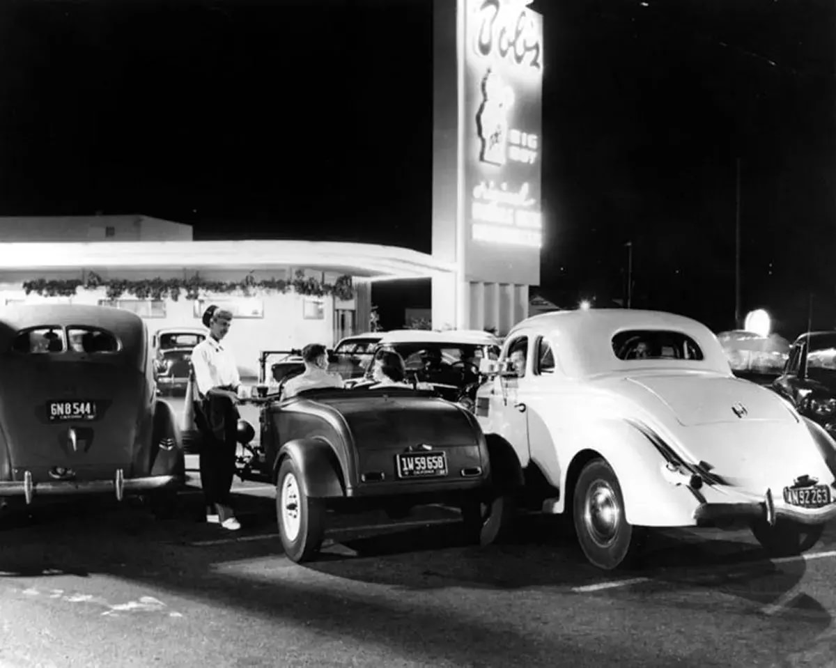 #49 Bob’s Big Boy carhop waitress at drive-in, Southern California, 1952.