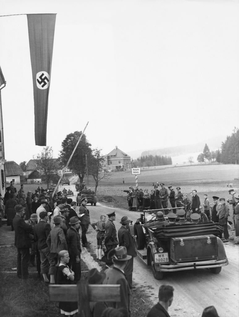 #110 A German Wehrmacht motorised column passes through the border crossing at Waldhaeusl in the occupied Sudetenland of Czechoslovakia on 3rd October 1938 at Waldhaeusl in Czechoslovakia.