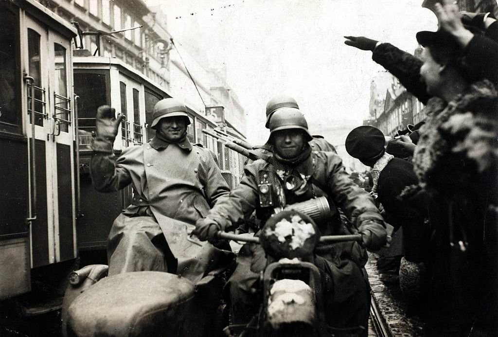 #115 German soldiers of a motorised division on the streets of Prague, Adolf’s Hitler’s Germany invaded Czechoslovakia in March 1939 after a list of demands and ultimatums from the Nazis were not met