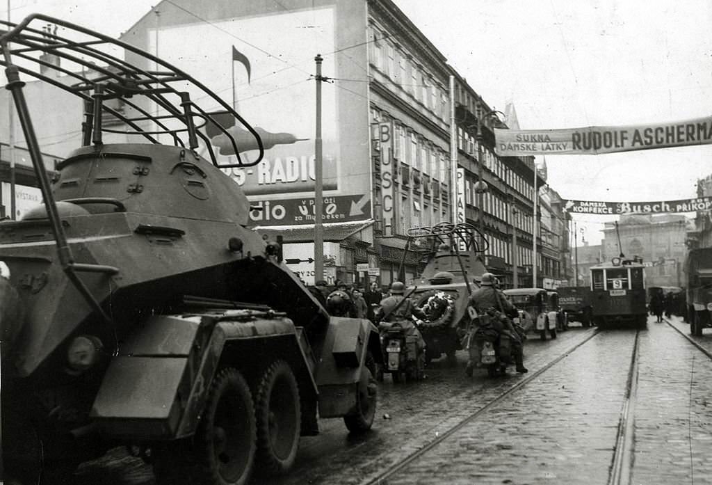 #21 German soldiers and army vehicles on the streets of Prague, Adolf’s Hitler’s Germany invaded Czechoslovakia in March 1939