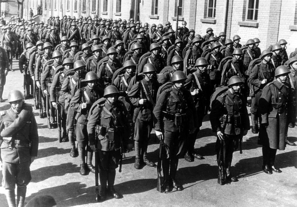 #7 A Czechoslovakian troops in full war equipment ready and prepared to march from a garrison near Prague.
