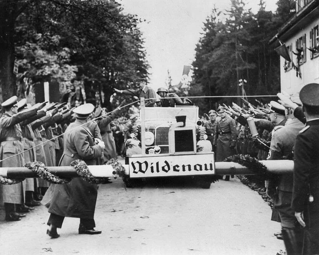 #70 Adolf Hitler crosses the Wildenau border from Germany into Sudetenland with his troops at the start of World War II. Sudetenland or Sudety, formerly a frontier region of the Czech Republic was ceded to Germany in the Munich Pact, but restored after the war. (Photo by Keystone/Getty Images)