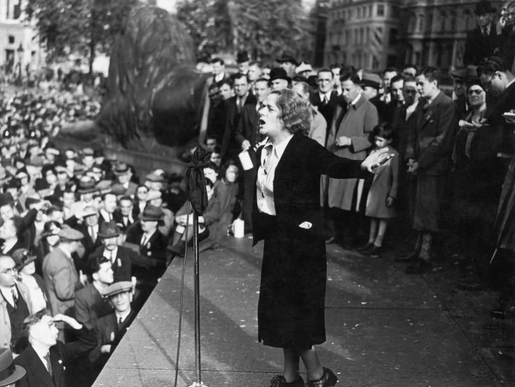 #88 Labour politician Ellen Wilkinson making a speech at a ‘Save Peace’ demonstration in Trafalgar Square, London, on the Czech-German crisis, 18th September 1938.