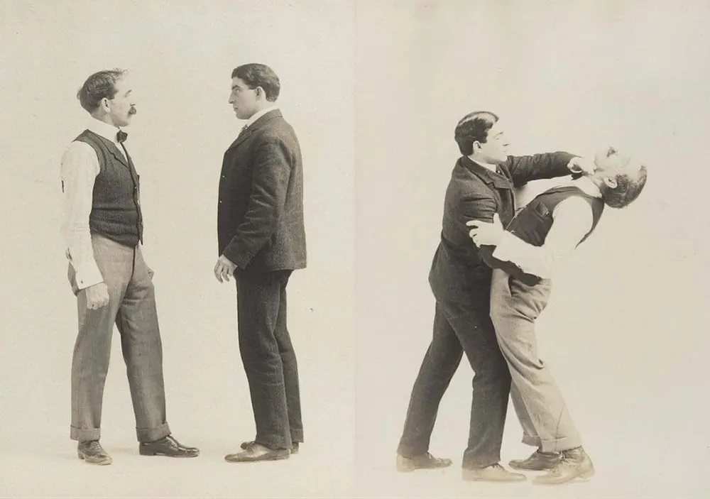 Historic Victorian Self-defense Guide that shows different Self-defense Maneuvers, 1895 Sports