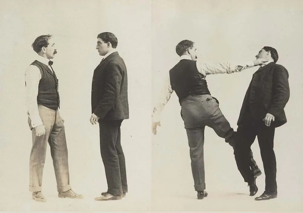 Historic Victorian Self-defense Guide that shows different Self-defense Maneuvers, 1895 Sports