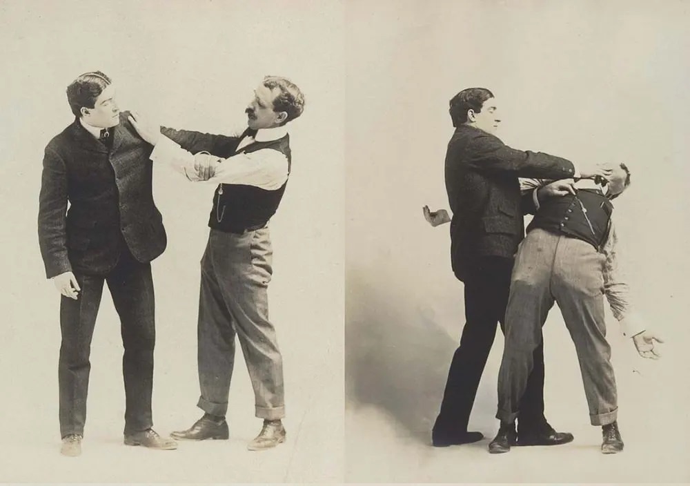 Historic Victorian Self-defense Guide that shows different Self-defense Maneuvers, 1895 Sports