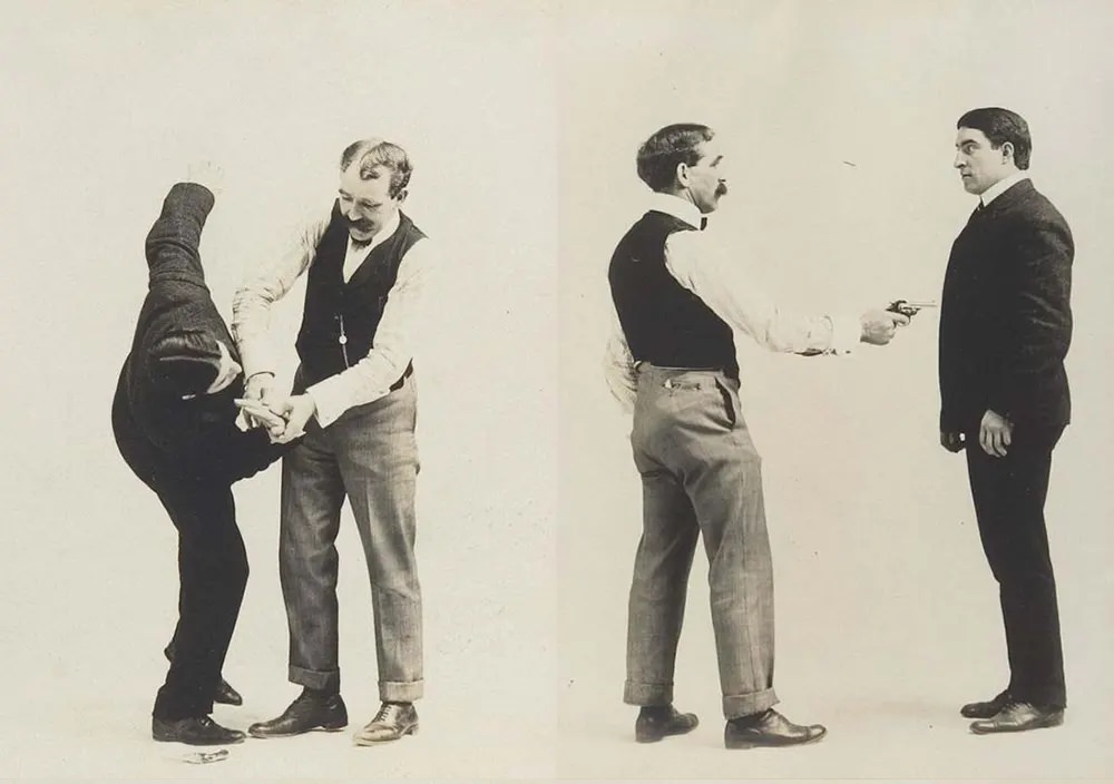 Historic Victorian Self-defense Guide that shows different Self-defense Maneuvers, 1895 Sports