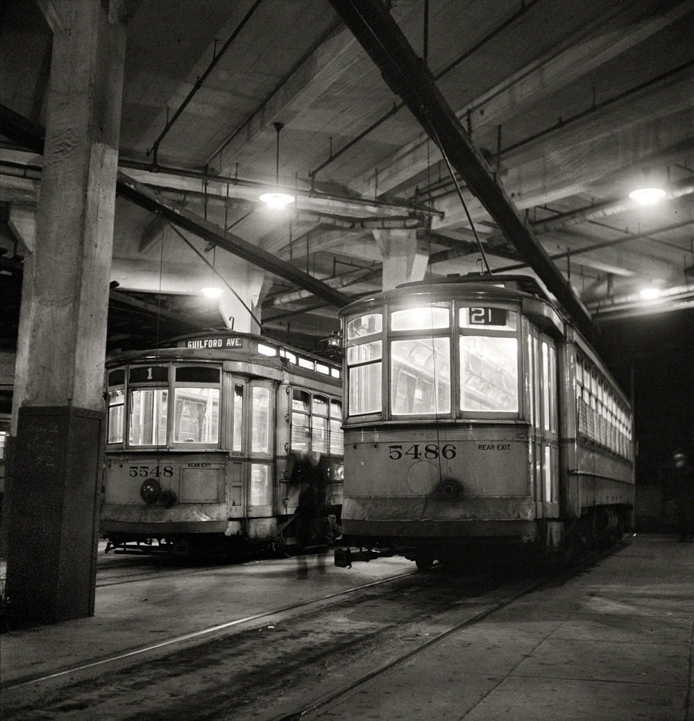 #55 Trolleys inside the Park Terminal at night, Baltimore, April 1943