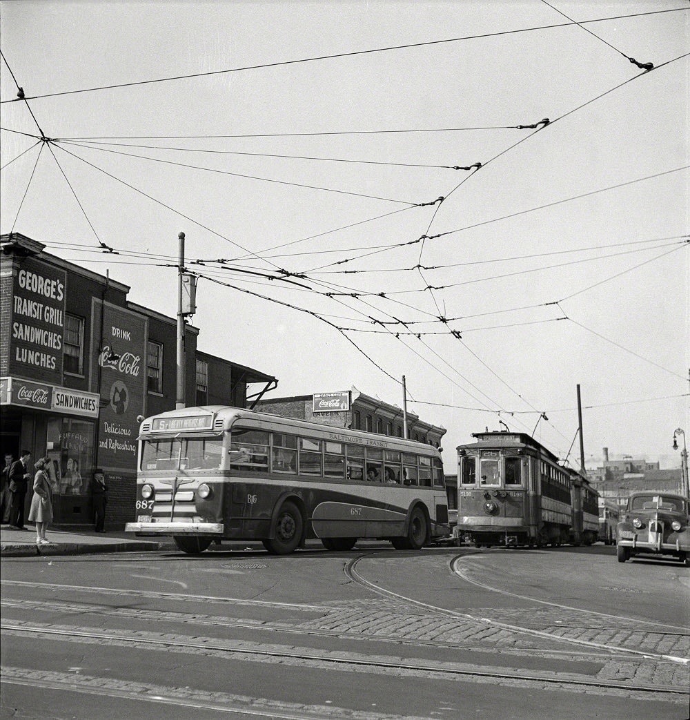#67 Baltimore Transit bus with trolleys of 1917, Baltimore, Maryland, April 1943
