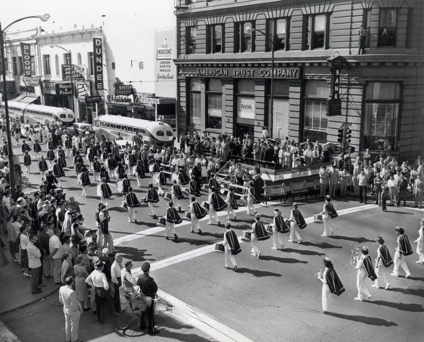 #82 Parade in front of American Trust Company Bank Building, 1959