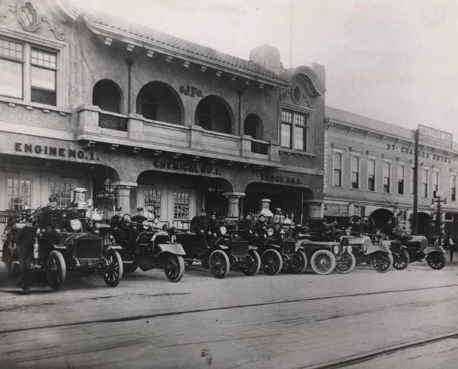 #139 San Jose Fire Department equipment, North Market Street, 1916