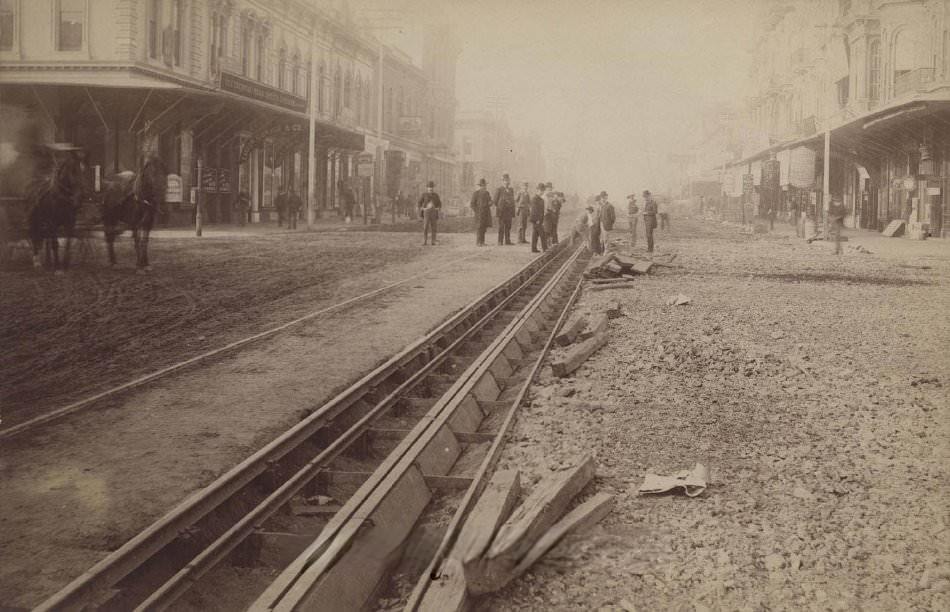 #61 Street railroad track construction, Santa Clara Street, 1887