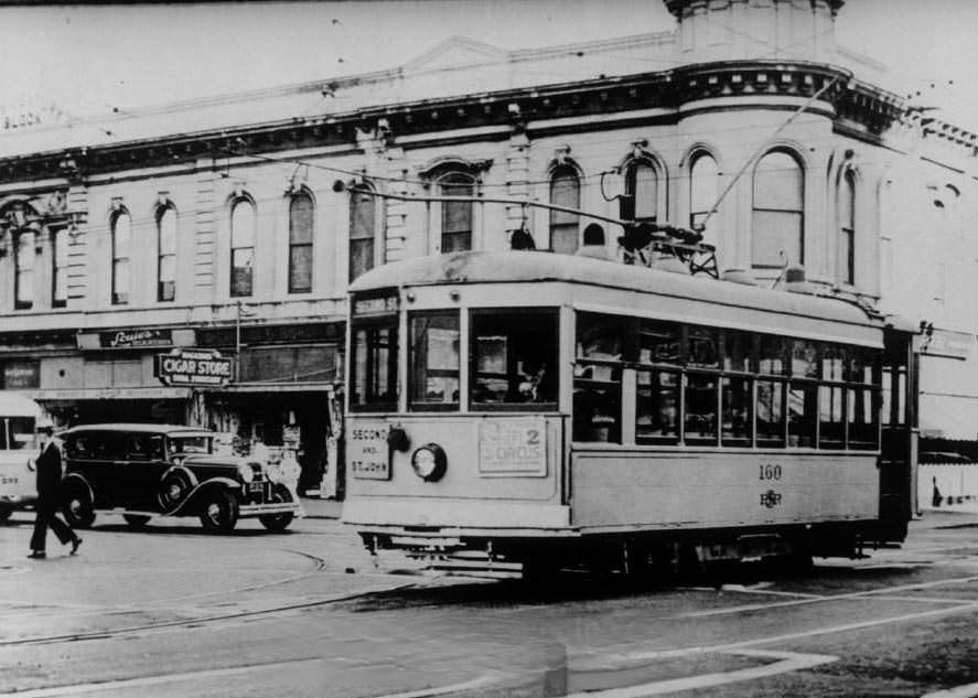 #108 Birney Streetcar North bound on Second Street crossing Santa Clara Street, 1938